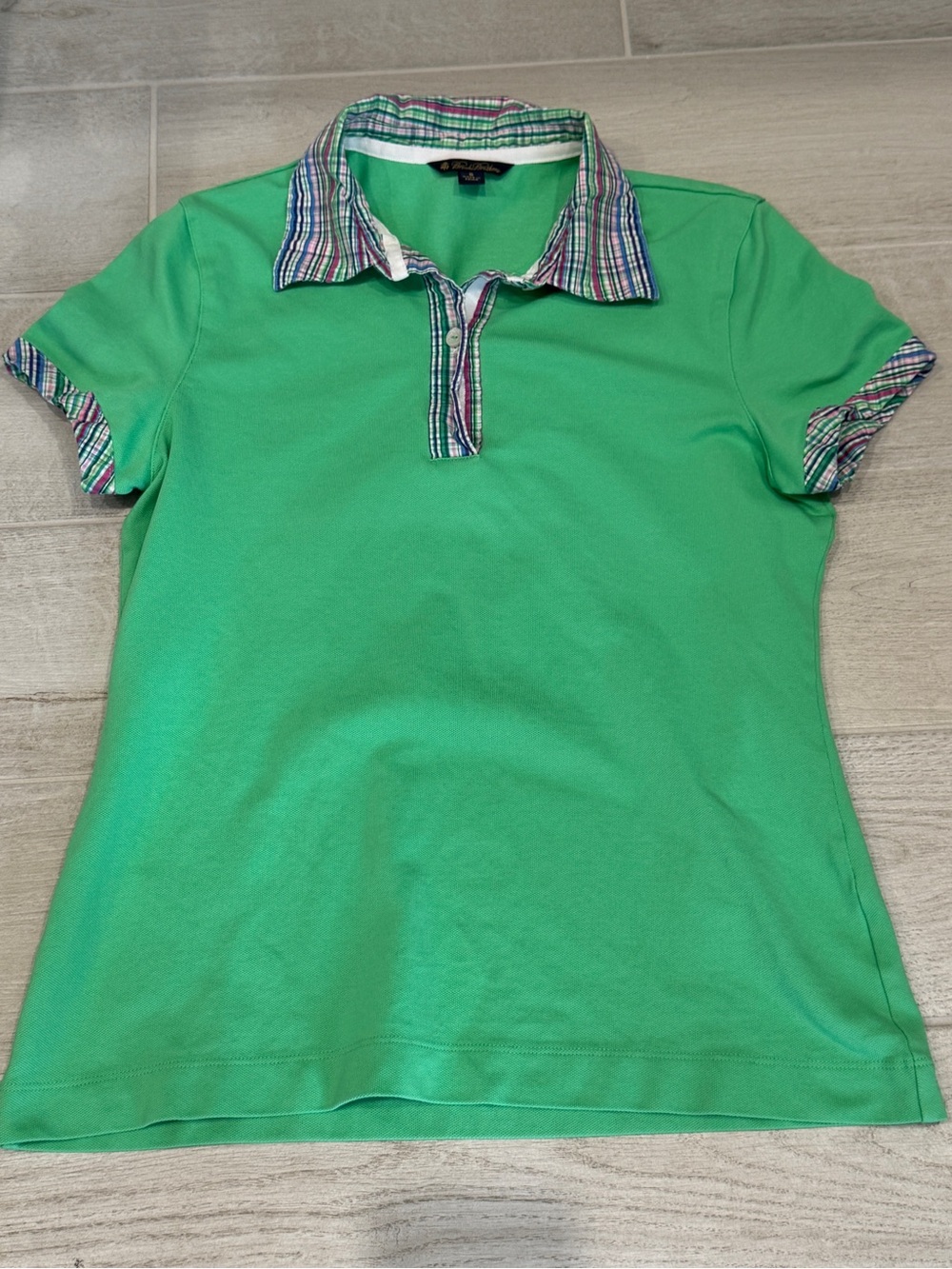 Women’s Brooks Brother’s Fitted Green Polo Shirt with Striped Collar and Cuffs